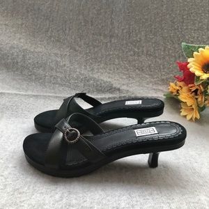 NWOT - Black Backless Sandals with Kitten Heels & Bronze Buckle
